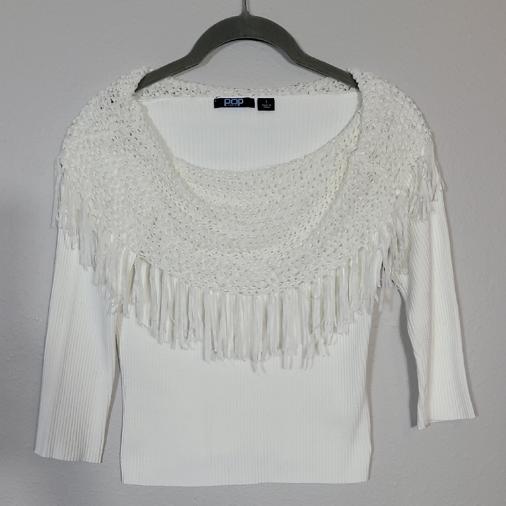 Y2K Ribbed Knit Off Shoulder Sweater Size S Fringe Fitted Crochet White Ivory